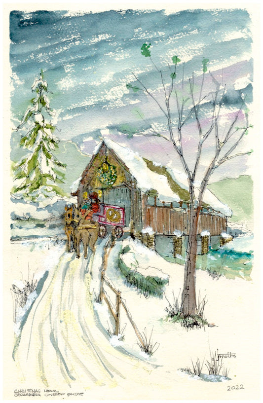 Milwaukee Pretzel Company holiday watercolor series artwork called "Christmas Near Cedarburg Covered Bridge" an old-world depiction of Wisconsin's last-remaining covered bridge.