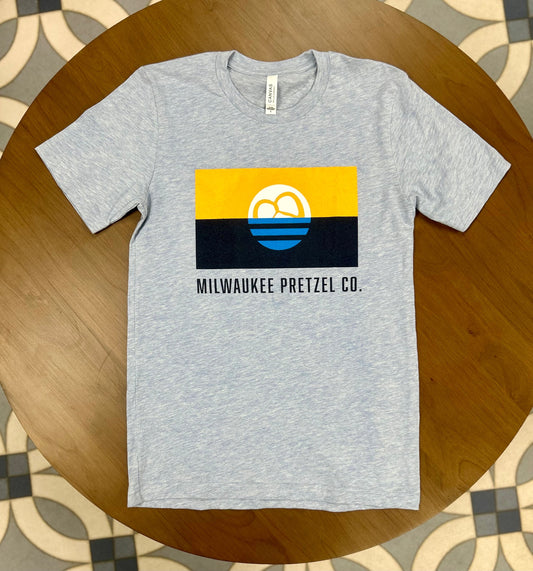 Milwaukee Pretzel Company gray short sleeve t-shirt with Milwaukee Flag