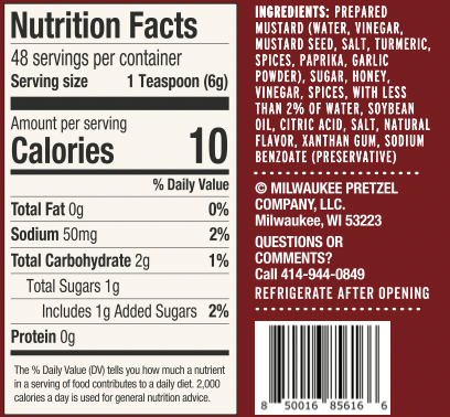 Nutritional information for Milwaukee Pretzel Company hot honey mustard