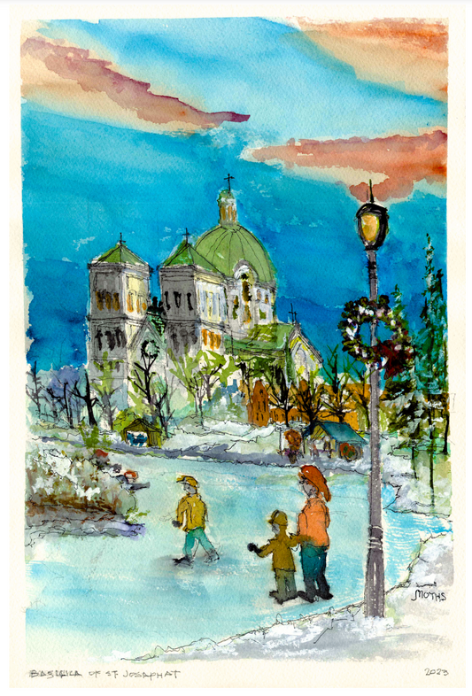 Milwaukee Pretzel Company holiday watercolor artwork called "Skating at the Basilica" featuring a cozy scene that captures the beauty of winter at the footsteps of one of Milwaukee's most famous churches.